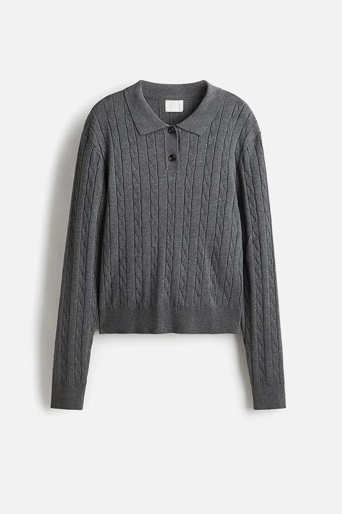 Cable-knit polo shirt - grey marl