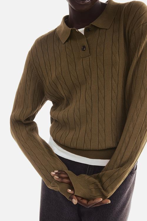 Cable-knit polo shirt - khaki green