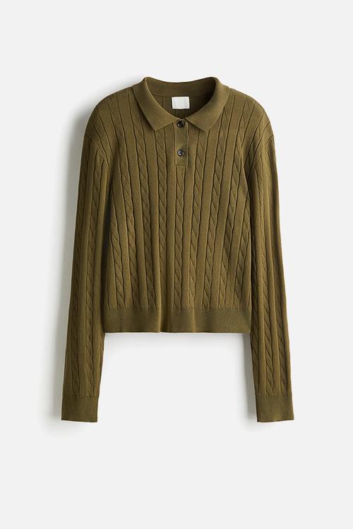 Cable-knit polo shirt - khaki green