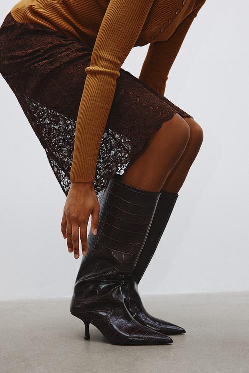 Knee-high boots - dark brown crocodile pattern