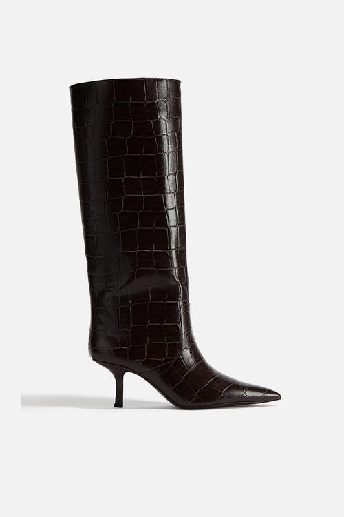 Knee-high boots - dark brown crocodile pattern