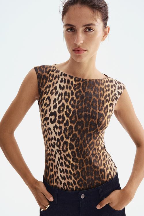 Boat-neck thong body -  beige/leopard print