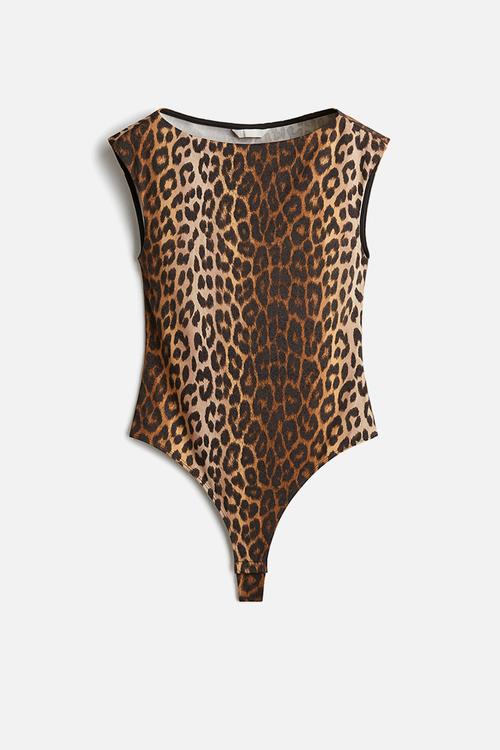 Boat-neck thong body -  beige/leopard print