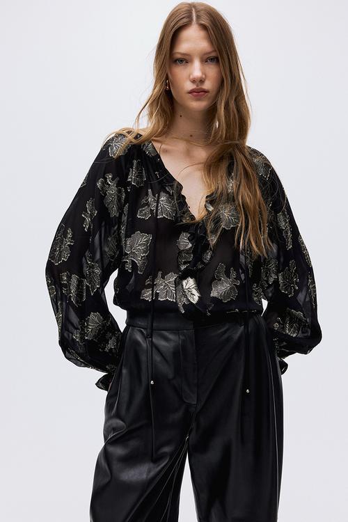Jacquard-weave blouse -  black/patterned
