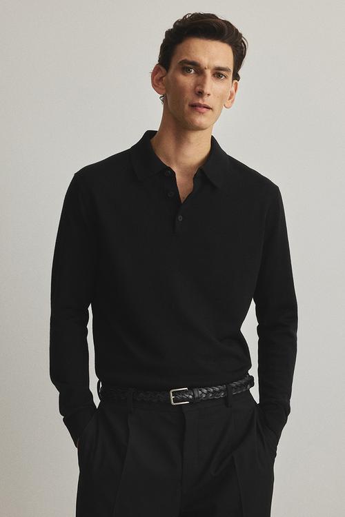 Regular fit merino wool polo shirt - black