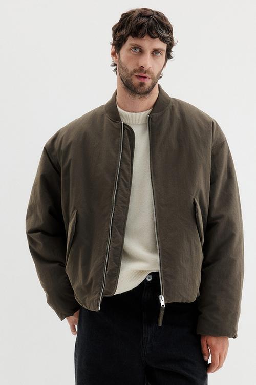 Loose fit nylon bomber jacket - dark khaki green