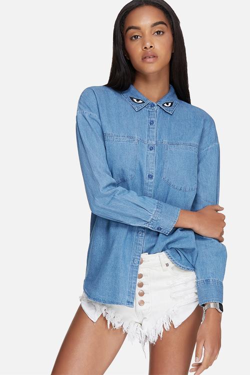 Longline denim shirt with collar embroidery