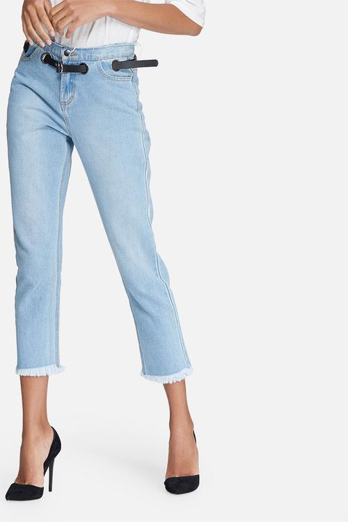 Mom jeans with eyelet waistband & raw hems