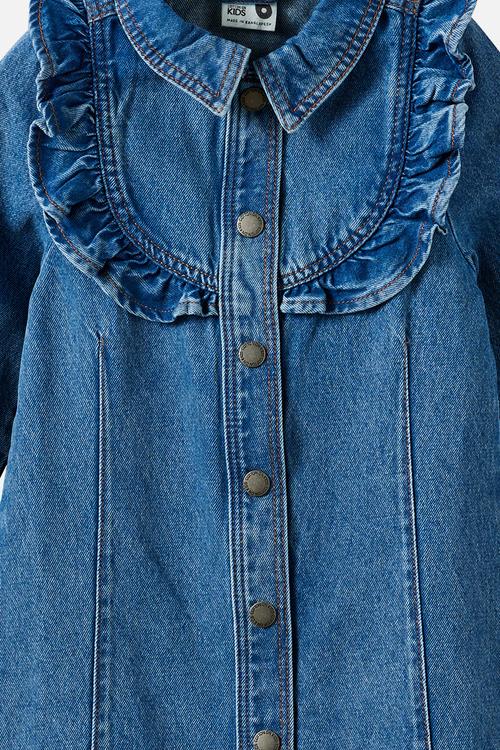 Long Sleeve Denim Ruffle Dress - Blue Haven Mid Blue