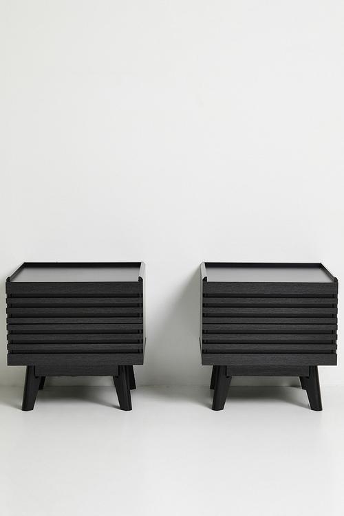 Slatted Bedside Table Set of 2 - Black