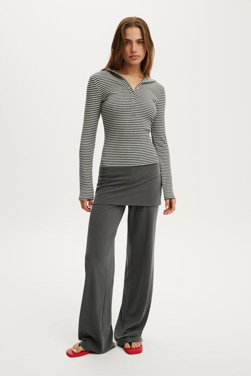 Hooded blake henley long sleeve - charcoal/grey marle stripe