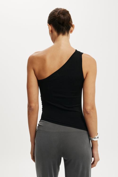 Stud trim asym knit top - black