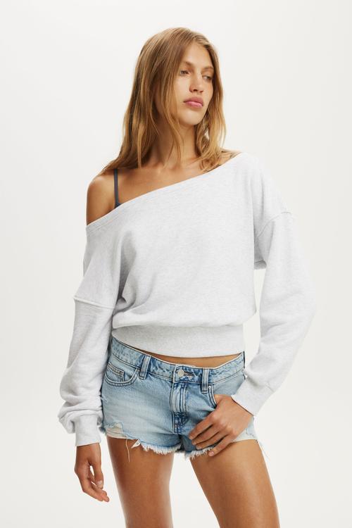 Relaxed Off Shoulder Sweatshirt - Light Grey Marle