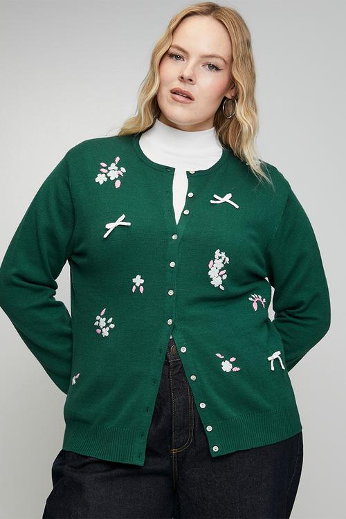 Plus Lightweight Cardigan with Embroidered Flower - Green