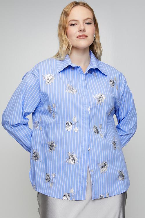 Plus Luxe Stripe Sequined Shirt - Blue