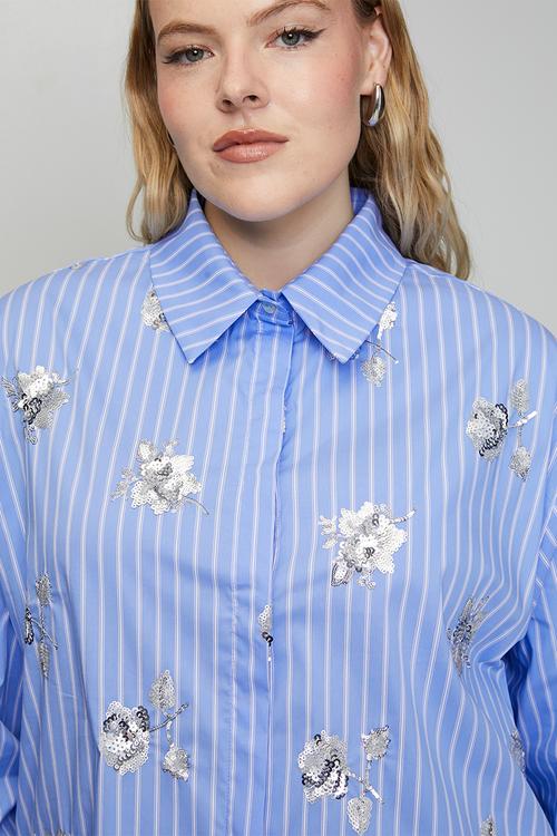 Plus Luxe Stripe Sequined Shirt - Blue
