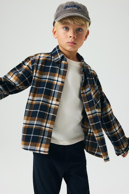 Cotton flannel shirt - navy blue & brown checked