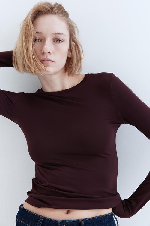Long-sleeved microfibre top - burgundy