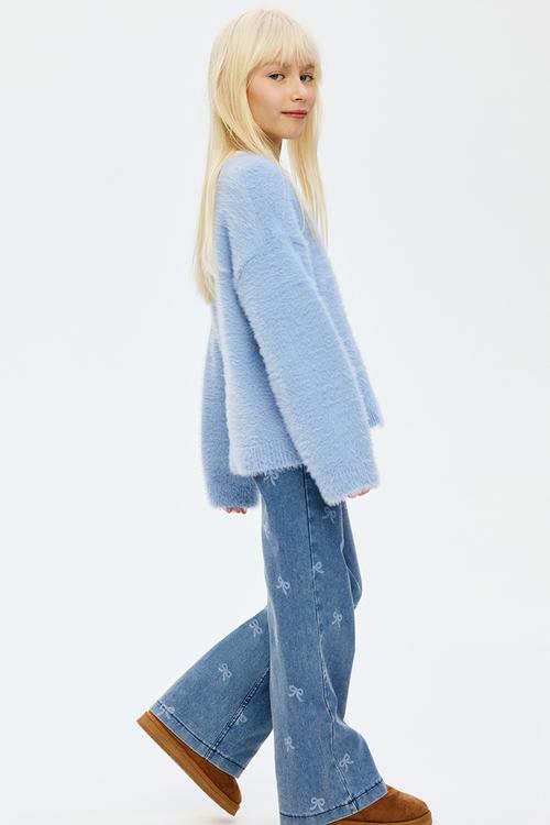 Wide denim-look trousers - denim blue/bows