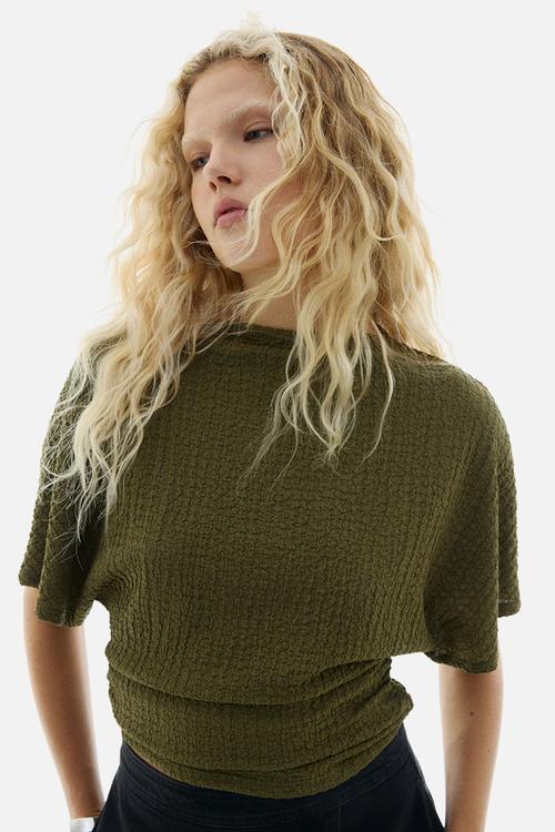 Textured jersey top - khaki green