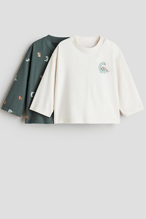 2-pack long-sleeved cotton t-shirts - dark green/dinosaurs