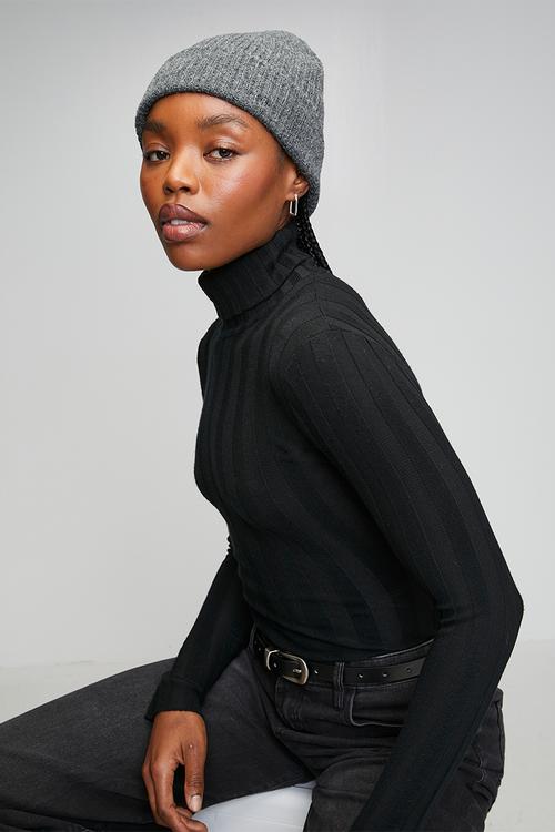 Camille Ribbed Turn Up Beanie - Grey
