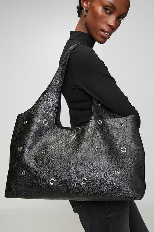 Aila Eyelet Slouch Tote Bag - Black