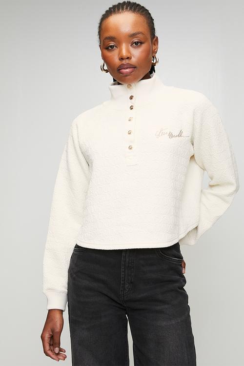 Ladies janet jacquard henley sweat top - cream