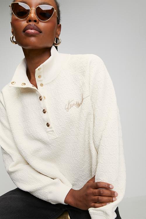 Ladies janet jacquard henley sweat top - cream