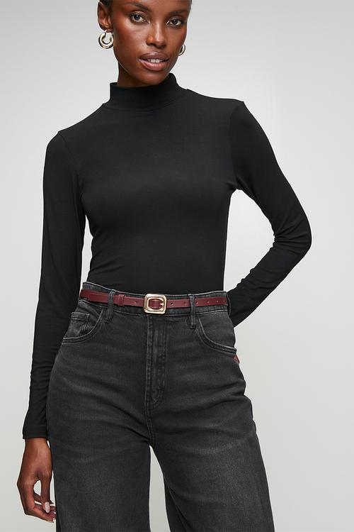 Bly Square Buckle Skinny Belt - Burgundy