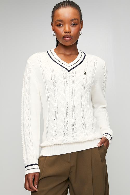 Wmn Jane Long sleeve V-Neck Cable Knit - Off White