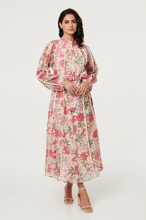 L/S Mandarin Collar Button Through Maxi Dress With Binding Throughout - Multi Pink