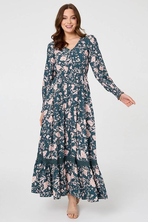 L/S V-Neck Buttton Through Gypsy Maxi Dress Woth Ladder Lace Detail - Teal