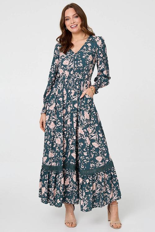 L/S V-Neck Buttton Through Gypsy Maxi Dress Woth Ladder Lace Detail - Teal