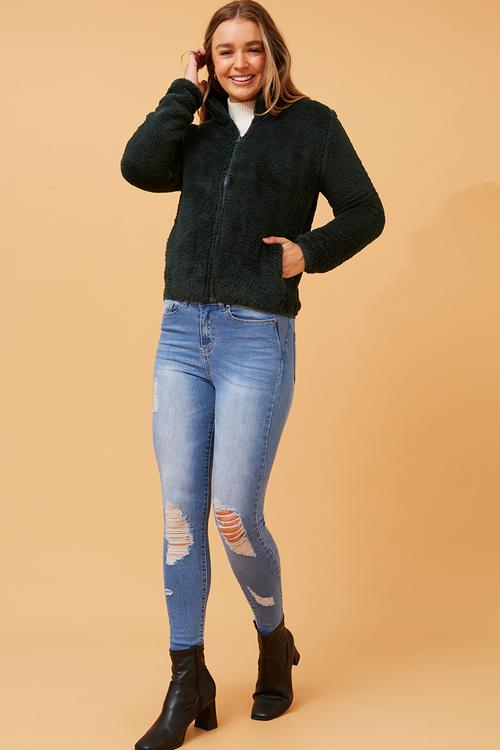 L/S Teddy Zip Through Jacket - Forest Green