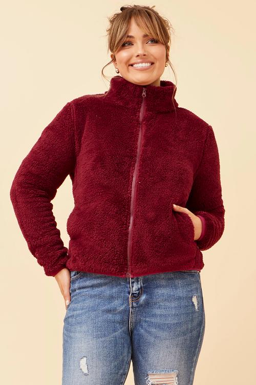 L/S Teddy Zip Through Jacket - Red Dahlia