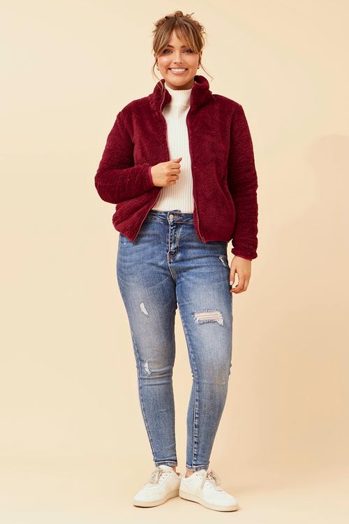 L/S Teddy Zip Through Jacket - Red Dahlia