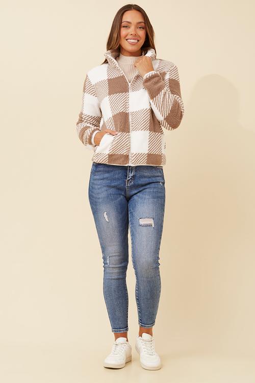 L/S Checked Teddy Zip Through Jacket - Brown & White
