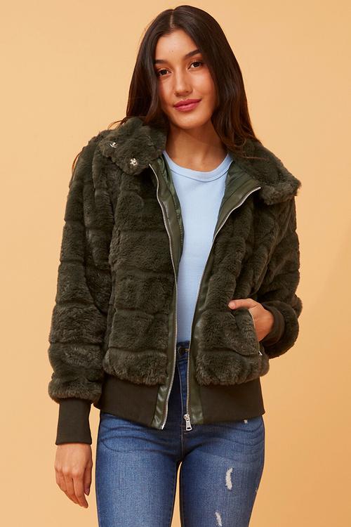 L/S Faux Fur Zip Through Jacket - Olive
