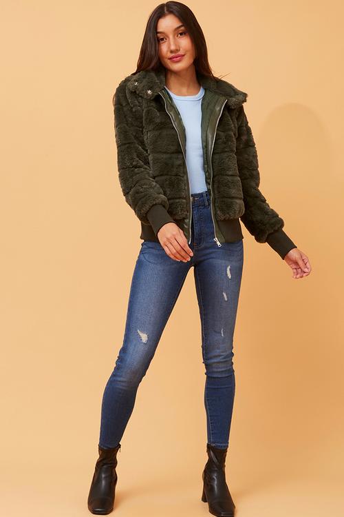 L/S Faux Fur Zip Through Jacket - Olive