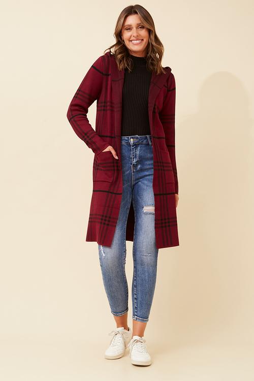 L/S Longer Length Check Cardi Sweater - Burgundy