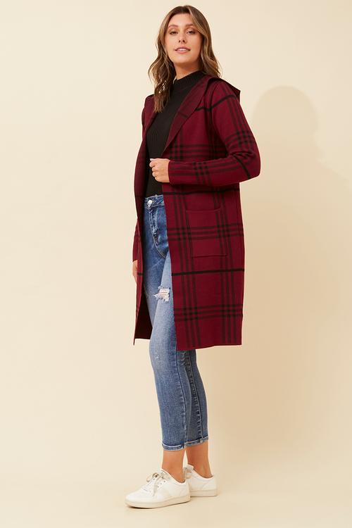 L/S Longer Length Check Cardi Sweater - Burgundy