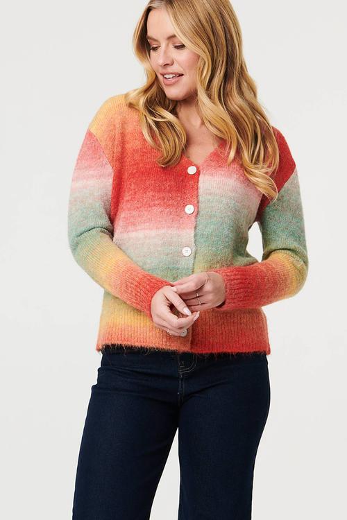 L/S V-Neck Ombre Stripe Sweater With Mother Of Pearl Butttons - Multi Red