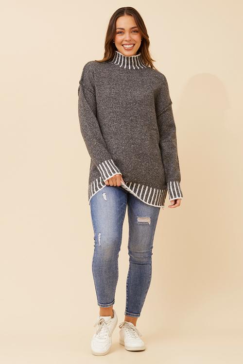 L/S Longer Length High Neck Melange Sweater - Charcoal