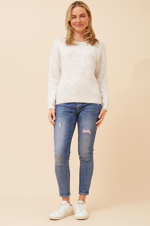 L/S Oatmeal Sweater Wih Applique And Rhinestone Motif - Oameal