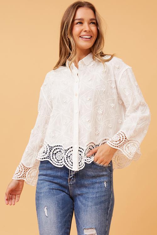 L/S Easy Wearing V-Neck Button Through Lace At Cuff And Sleeve Blouse - White