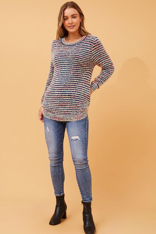 L/S Crew Neck Ribbon And Lace Sripe Sweaer Muli Colour Scoop Hem - Multti Blue