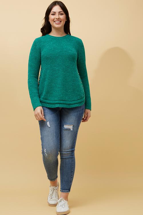 L/S Waffle Sweater With Side Wood Buttons And Scooped Hem - Teal