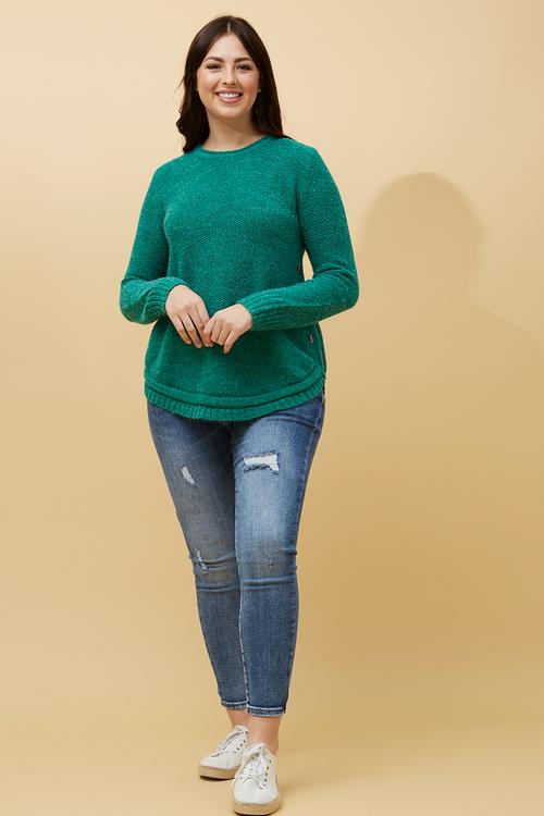 L/S Waffle Sweater With Side Wood Buttons And Scooped Hem - Teal