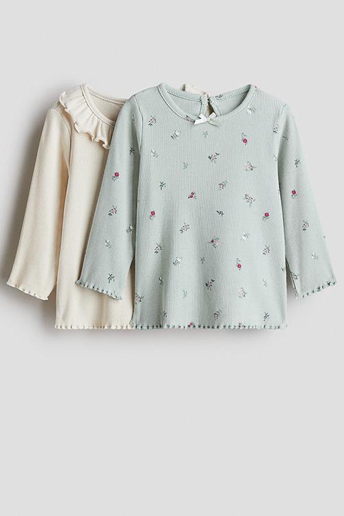 2-pack ribbed jersey tops - light turquoise/floral